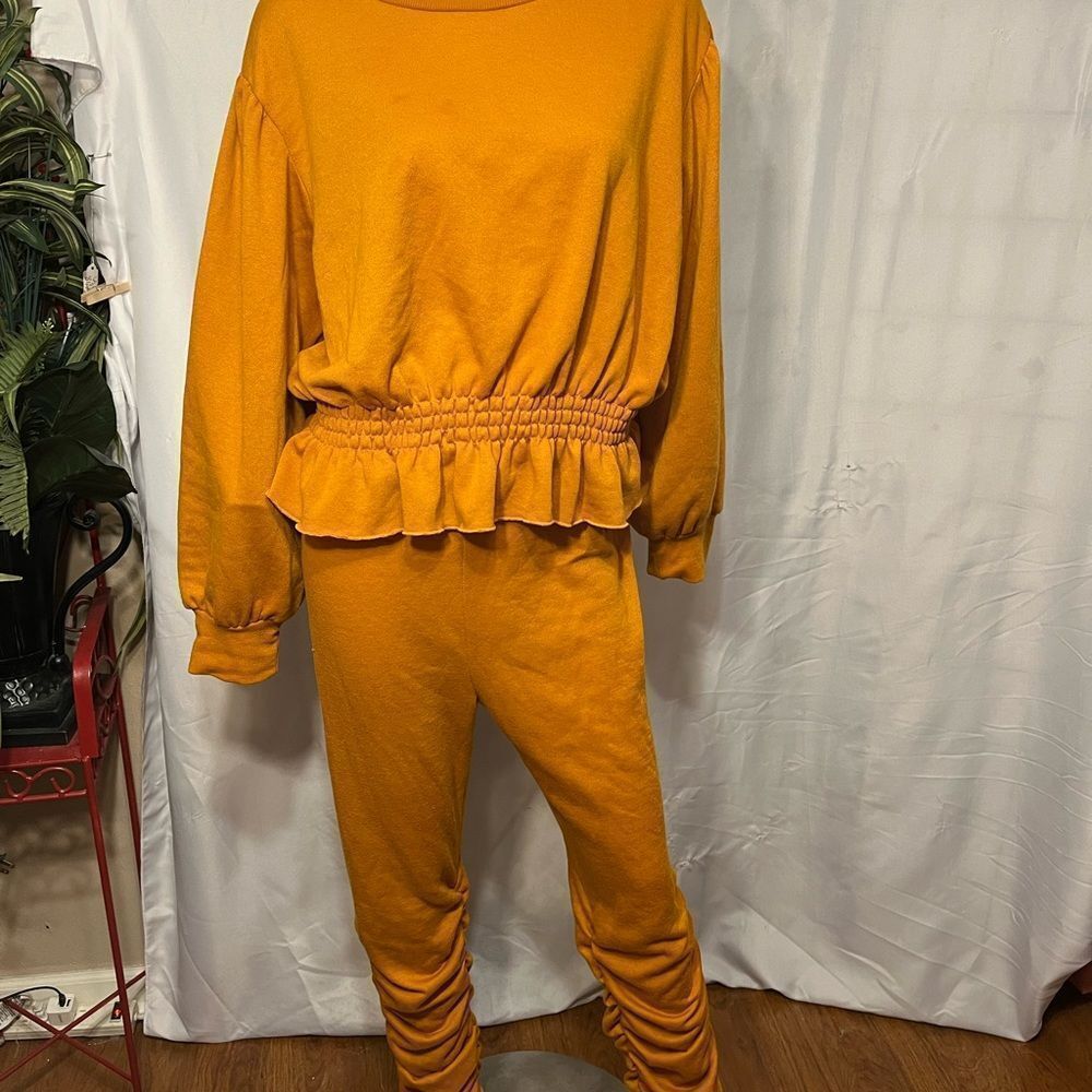 Golden Brown IT’S Brand Cropped Top & Ruched Slit Hem Pants Set